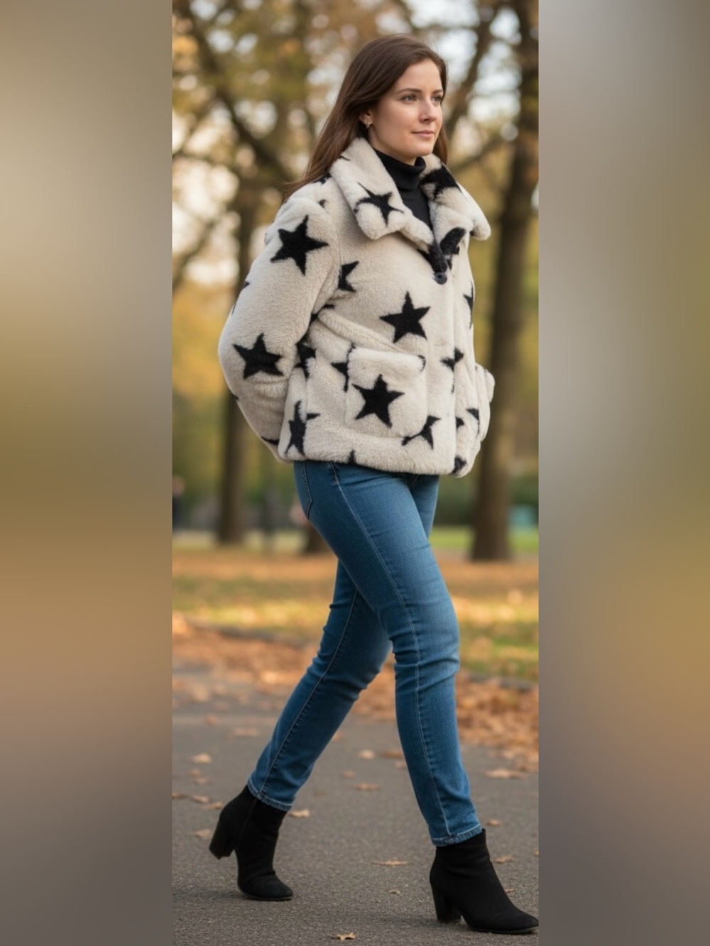 - Euc Pop Sugar fluffy cropped cream color black stars coat XS - Picture 1 of 9